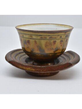 Redware Sake / Tea cups with Saucers, Brown, Yellow, Red